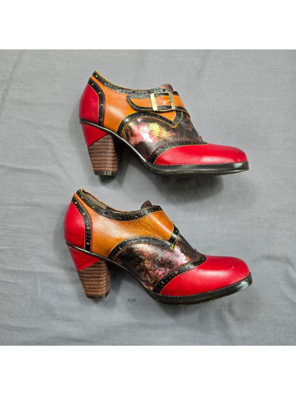 NEW Crazycat Size 36 Heeled Leather Oxford Pumps Shoes Floral Vintage Block Heel - Picture 4 of 6